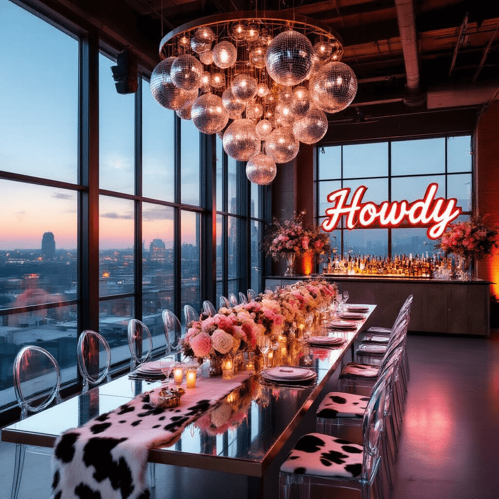 An elegant loft space setting for a disco cowgirl celebration, showcasing a long banquet table with a mirrored surface and floral arrangements, ghost chairs, and faux cowhide seats, all under a stunning chandelier of mini disco balls, with a city skyline visible through floor-to-ceiling windows and a 'HOWDY' sign accentuating the bar area.