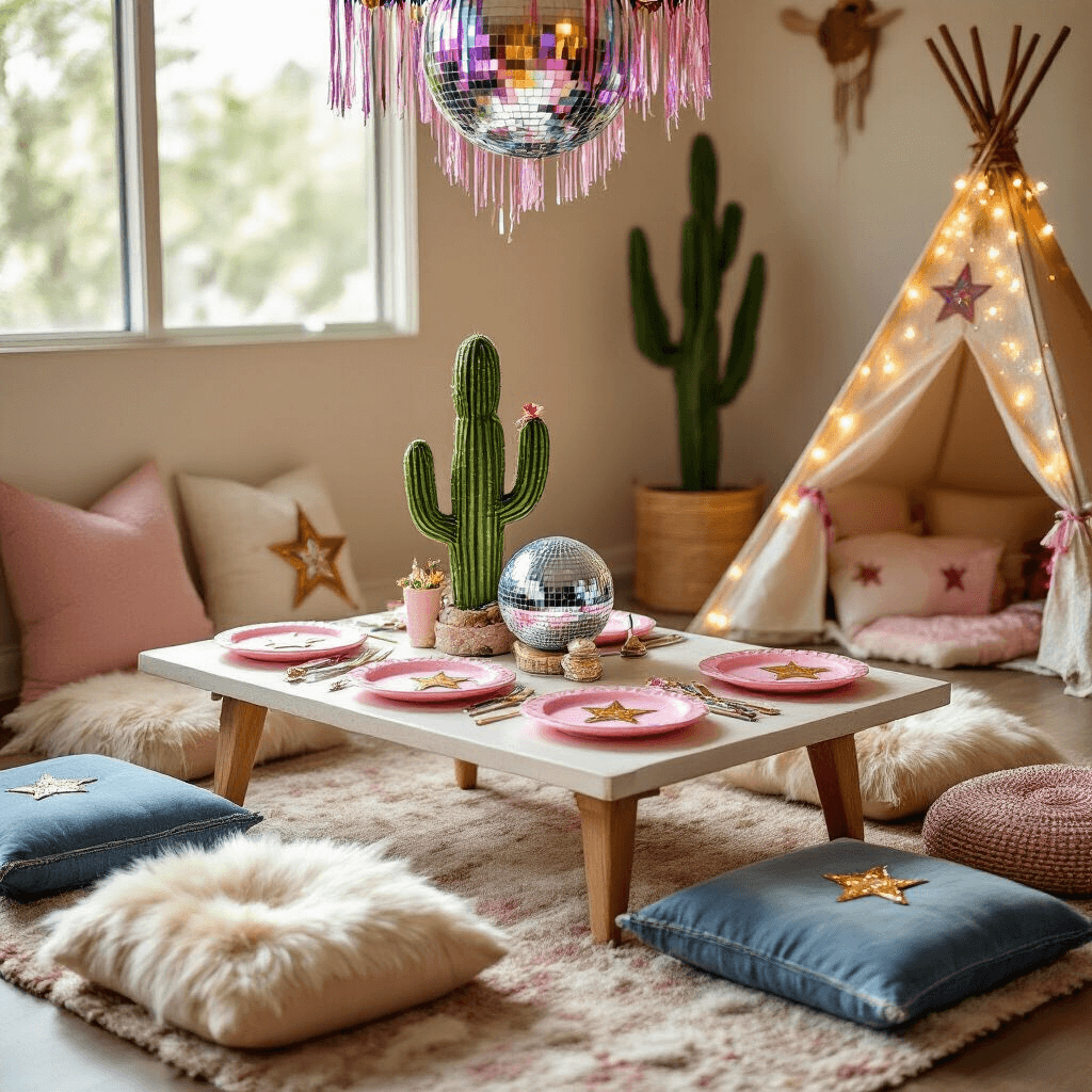 A whimsical kids' disco cowgirl party setup in a sun-drenched living room, featuring a low table surrounded by textured floor cushions, pastel pink plates with bandana napkins, sheriff badge favors, a light-up cactus centerpiece, a disco ball terrarium, a sparkly cowboy boot piñata hanging from the ceiling, and a fairy light-adorned teepee in the corner.