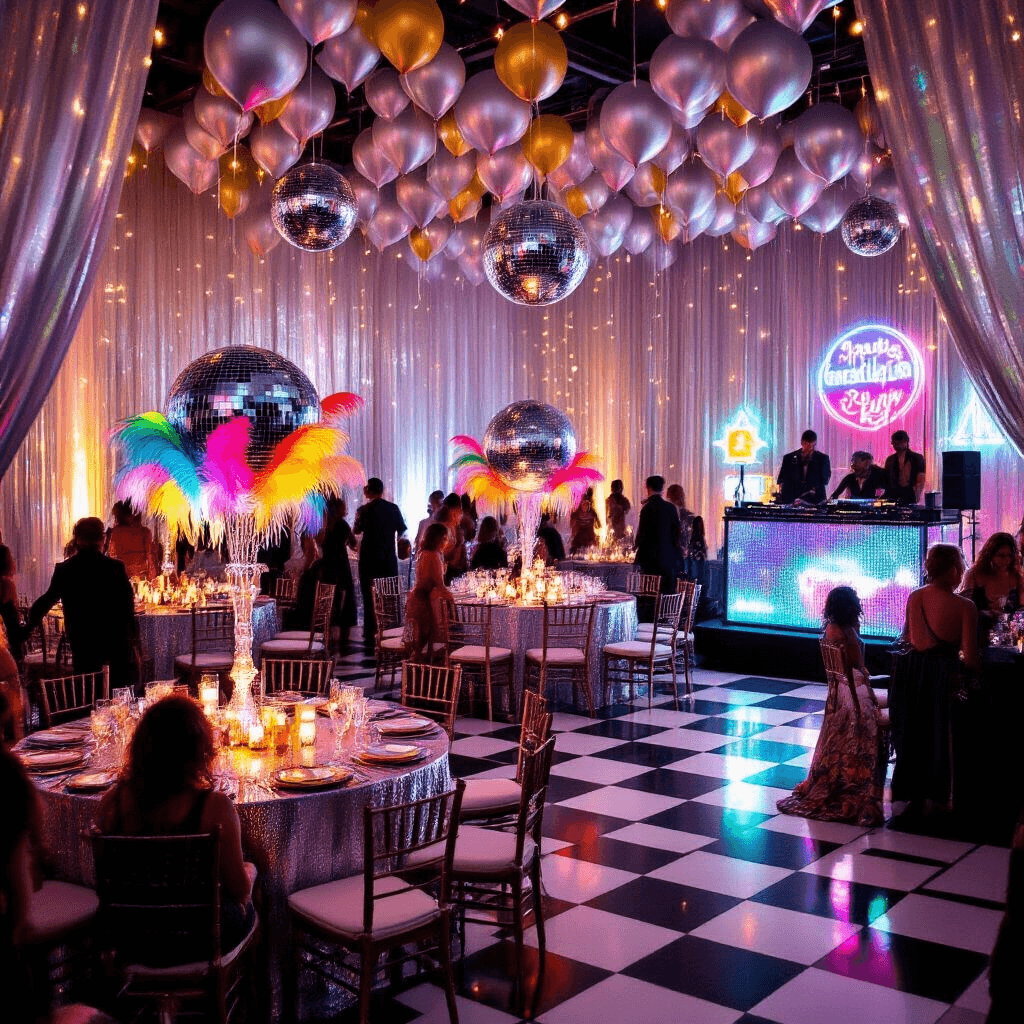 A vibrant 70s disco-themed ballroom with shimmering tables, mirrored disco ball centerpieces, a black and white dance floor, glowing neon accents, and guests in platform shoes mingling by a lavish dessert table.