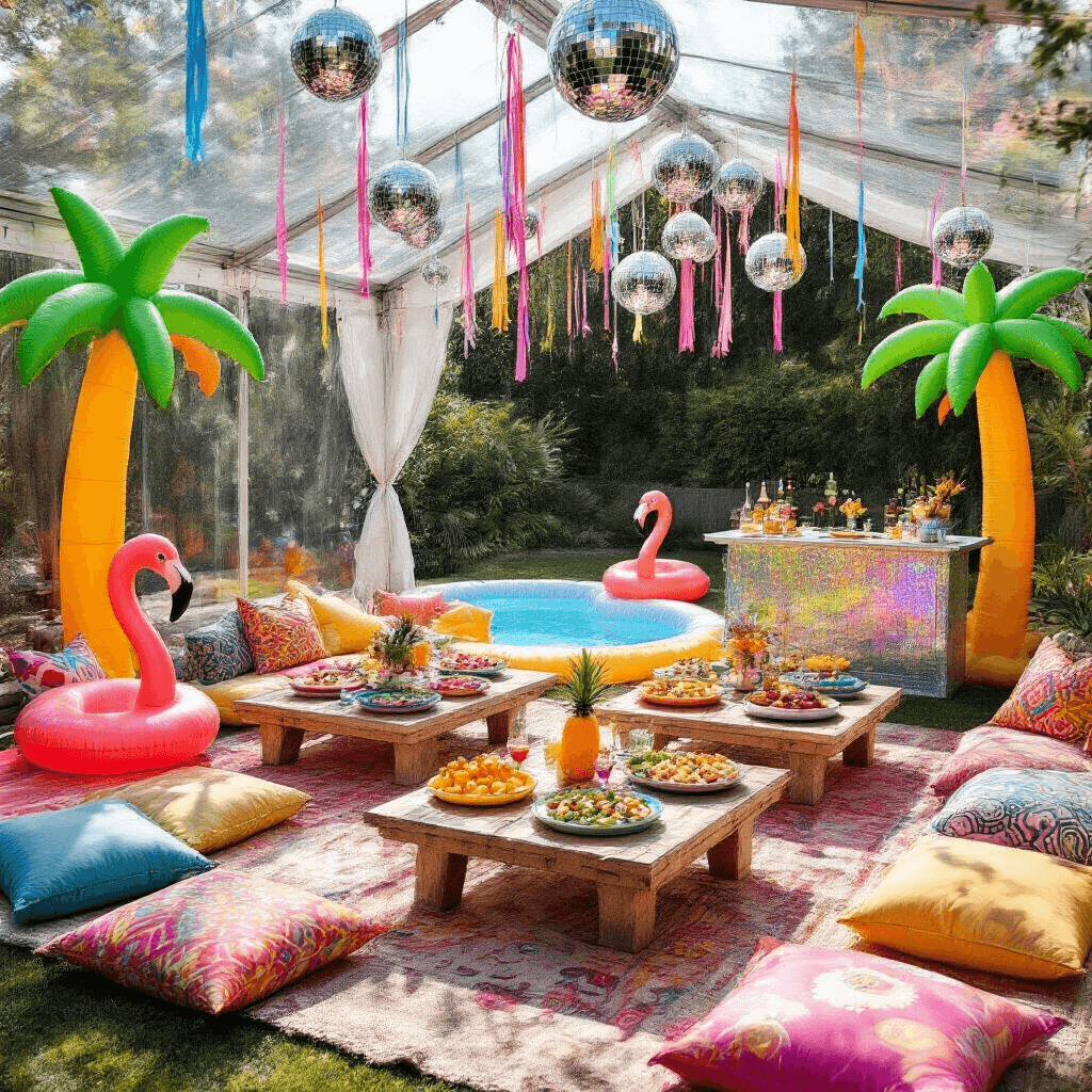 A vibrant backyard transformed into a daytime disco paradise with a clear tent, disco ball garlands, colorful streamers, picnic-style seating, lazy Susans laden with finger foods, a holographic pop-up bar serving cocktails in coconuts, inflatable palm trees, a kiddie pool ball pit, and a vintage rainbow VW van as a DJ booth, all amidst playful lawn games.