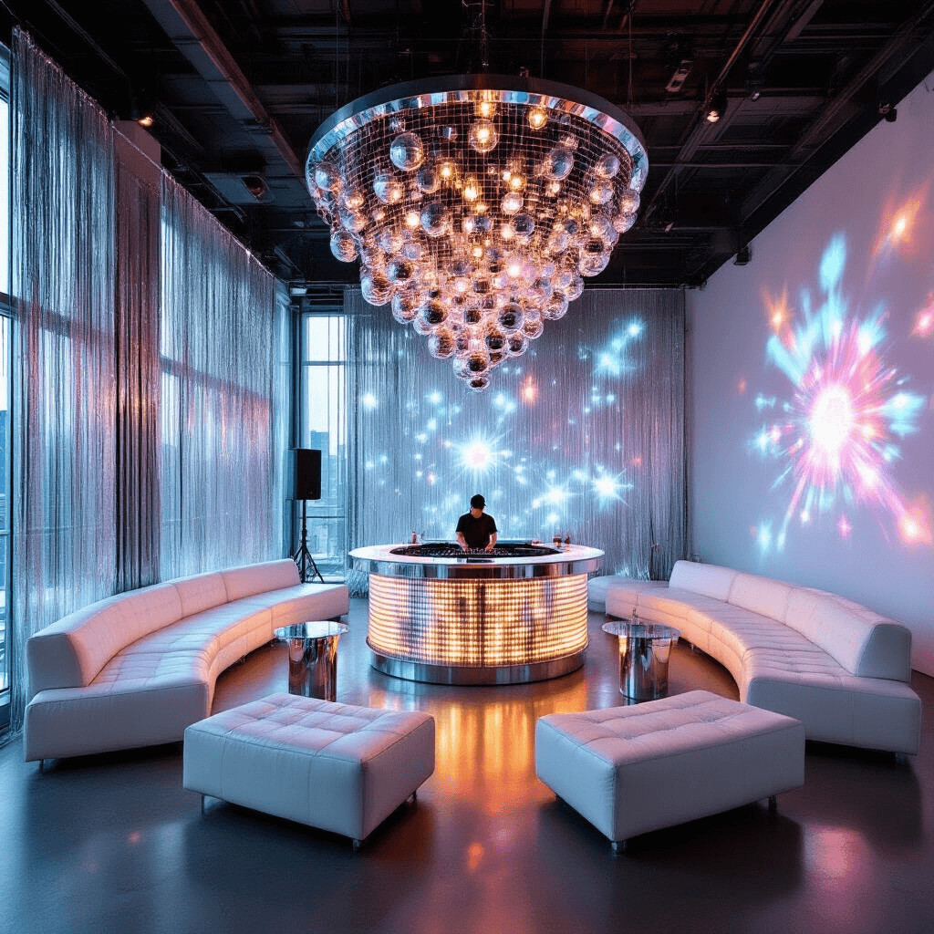 An ultra-modern loft transformed into a futuristic disco den at night, featuring metallic fringe curtains, modular white leather seating, a central LED-wrapped bar, a chandelier of disco balls, projected visuals on white walls, a fog machine, an elevated DJ booth with vintage speakers, a digital photo booth, and a chill-out zone with noise-cancelling domes.