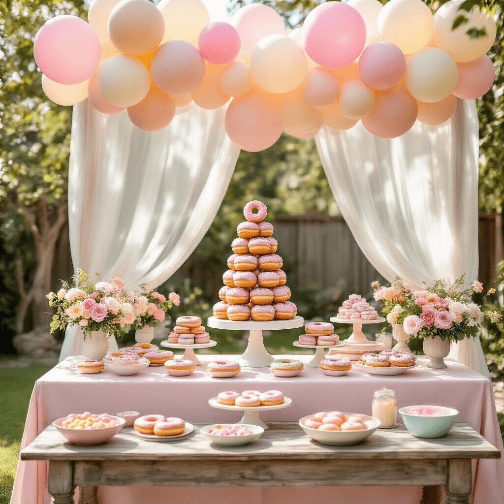 A picturesque backyard adorned with pastel donuts, featuring a long table set with pale pink linen, a towering donut display, and vintage cake stands with colorful donuts. Fresh floral arrangements in soft hues add charm, while a canopy of blush and cream balloons hovers above. A DIY donut decorating station with sprinkles and toppings sits on a rustic wooden table, all bathed in soft morning light filtering through sheer drapery.