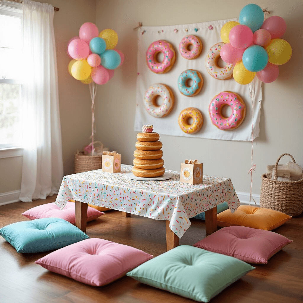 A cozy living room set up for a whimsical kids' donut party, featuring a low table covered in a sprinkle-patterned cloth, surrounded by colorful floor cushions. A centerpiece of stacked donuts resembles a cake, with bright balloon clusters in each corner and a DIY backdrop of oversized paper donuts on the wall. Personalized favor bags, donut-shaped pillows, and a 'Pin the Frosting on the Donut' game enhance the festive vibe, all bathed in natural light from sheer curtains.