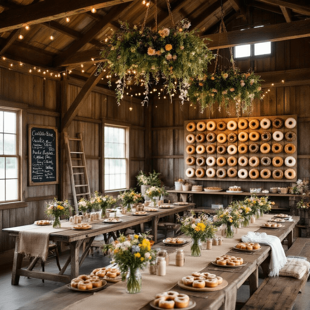 A rustic barn styled for a donut-themed celebration, featuring exposed wooden beams with twinkle lights, long farmhouse tables adorned with burlap runners and mason jar centerpieces of wildflowers and mini donuts, a grand donut wall with various flavors, charming chalkboard signs, and a vintage ladder holding throw blankets, bathed in soft, diffused light from barn windows.