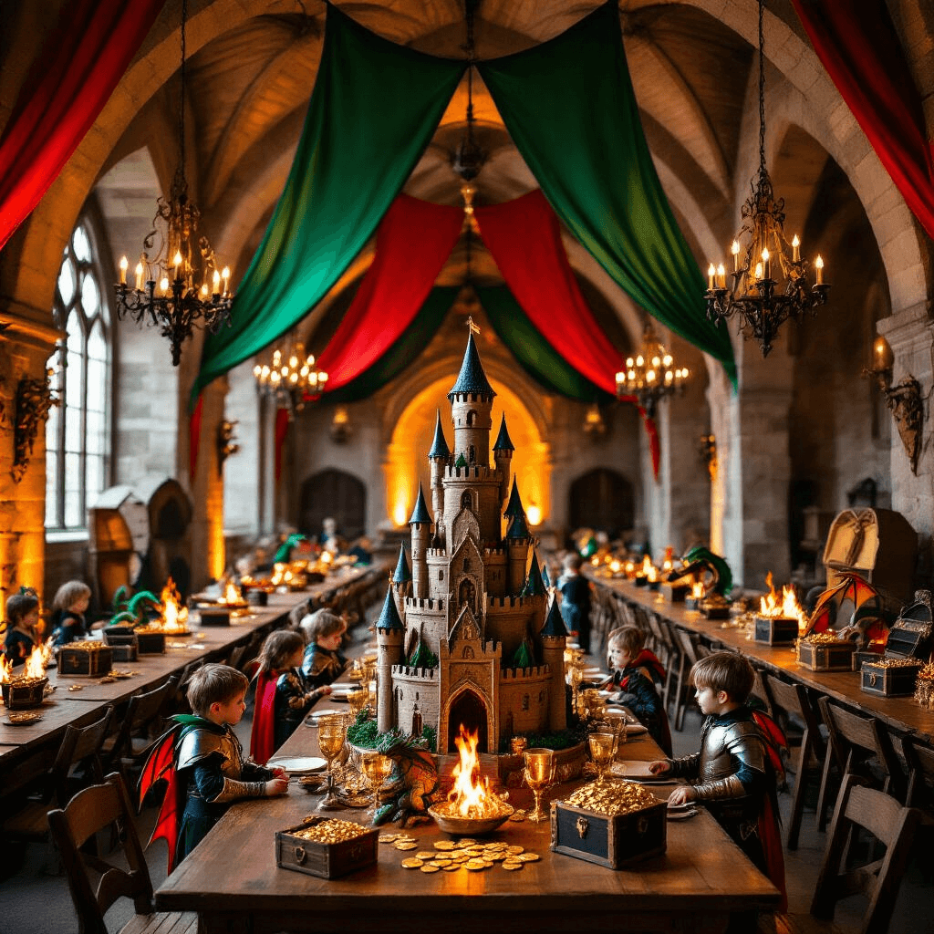 A grand medieval-inspired ballroom decorated for a dragon-themed birthday party, featuring stone arches with emerald and red banners, wooden tables with faux fire centerpieces and dragon figurines, warm amber lighting, a castle turret cake, and children in knight costumes playing among cardboard castle facades.