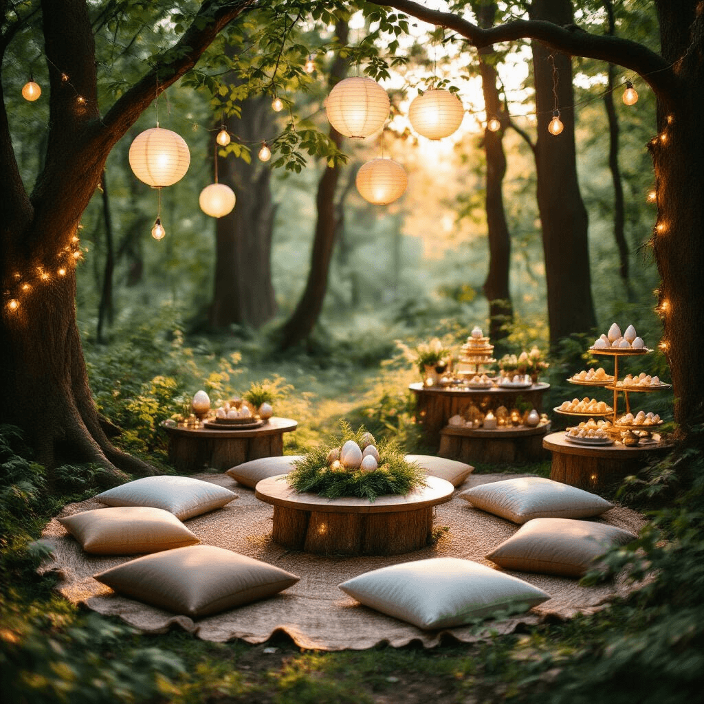 An intimate dragon-themed celebration set in an enchanted forest clearing during golden hour, featuring low tables with plush cushions, miniature dragon's nest centerpieces, hanging lanterns, and a dessert cart with themed treats, all illuminated by soft, magical lighting.