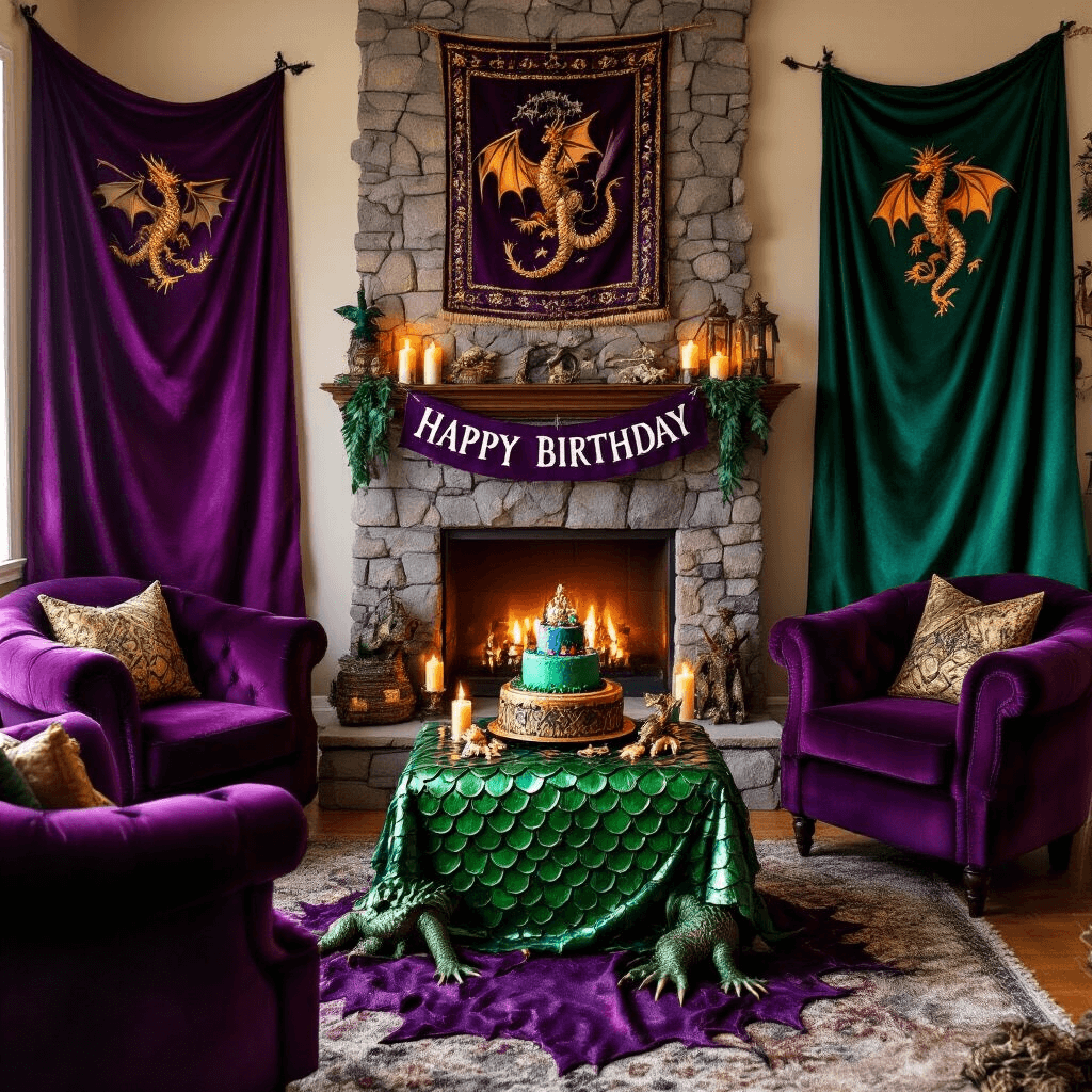 A cozy living room transformed into a dragon's lair for a birthday gathering, featuring rich jewel tones, a faux stone fireplace with medieval tapestries, plush velvet armchairs, and a table with a themed cake on a treasure chest stand, surrounded by dragon figurines and flickering candles, captured from a corner angle to highlight the layered decor.