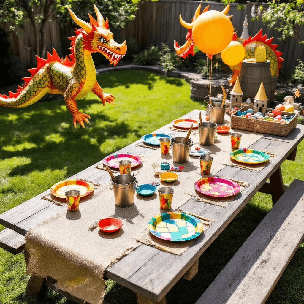 A vibrant dragon-themed party setup in a sun-drenched backyard, featuring a long picnic table adorned with a burlap runner and metallic gold accents, colorful melamine dragon scale plates, and Viking drinking horns, with oversized balloon dragons flying overhead and a craft station for making dragon masks and painting eggs, all set against a lush green lawn.