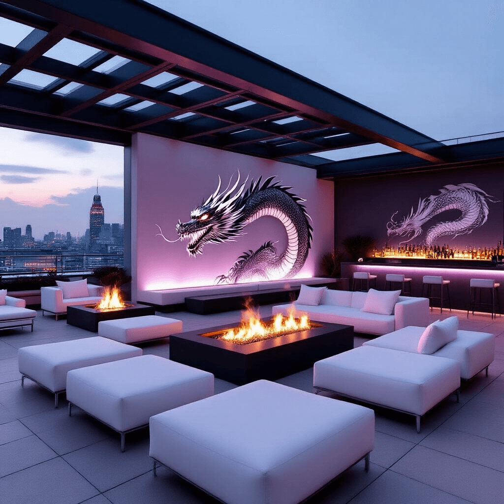 A modern rooftop terrace featuring a minimalist dragon-inspired soiree, with white lounge furniture, low fire pits, an abstract gray and silver dragon mural, themed cocktails with smoke effects, and soft purple uplighting against a backdrop of twinkling city lights.
