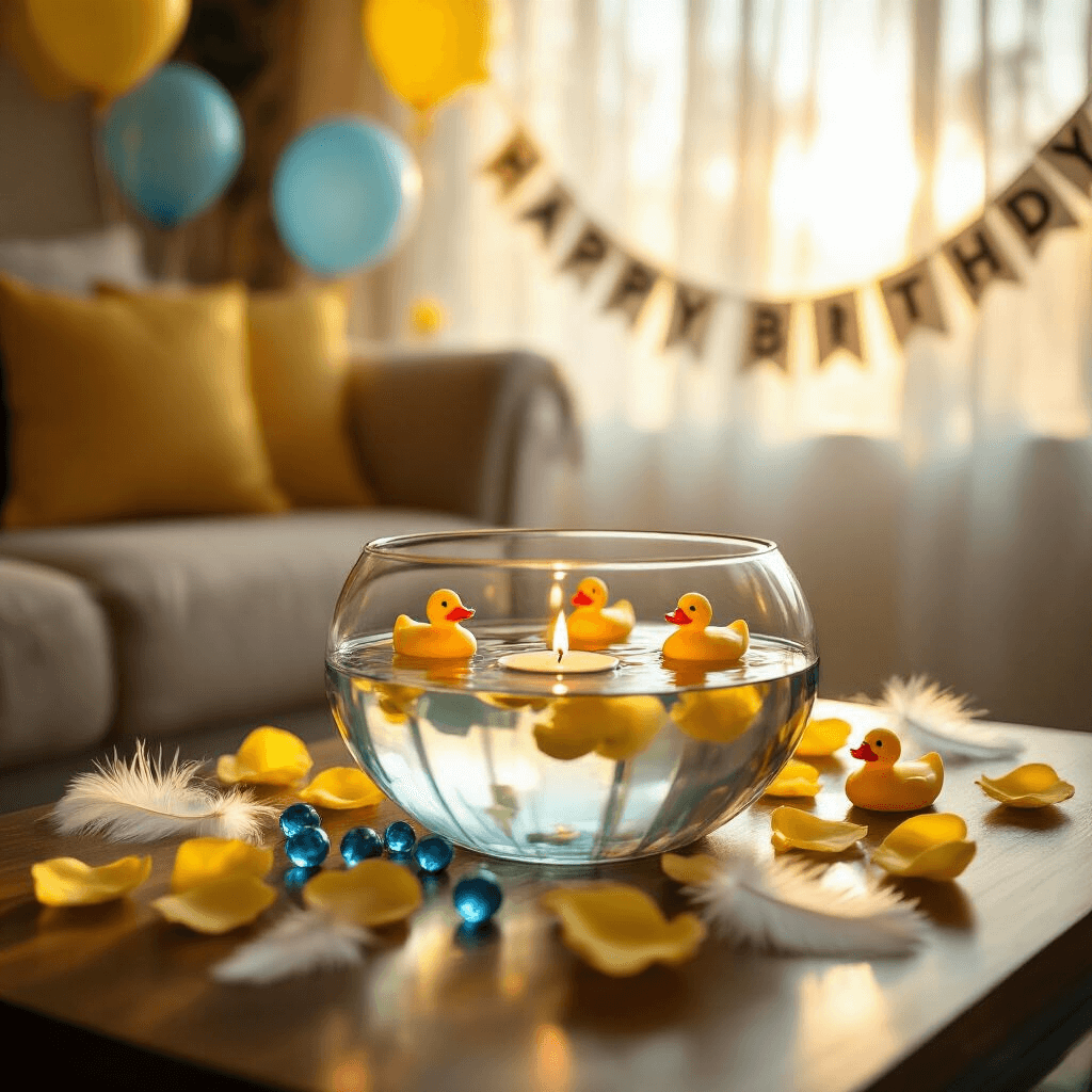 Intimate living room with warm golden hour light, featuring a close-up of a coffee table centerpiece with a glass bowl of water as a miniature duck pond, floating tea lights, tiny rubber ducks, yellow rose petals, blue glass beads, and white feathers, with a soft focus background showing balloons and a 'Happy Birthday' banner.