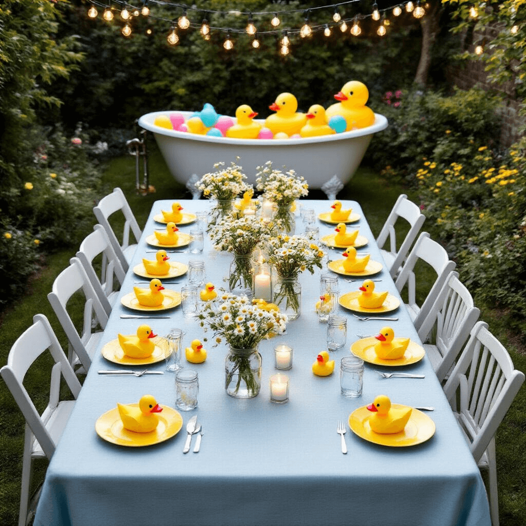 Overhead view of a charming garden party setup featuring a long farmhouse table with a pale blue tablecloth, mismatched white chairs, sunny yellow plates with origami duck place cards, and mason jars filled with flowers. Fairy lights illuminate the scene as dusk approaches, and a vintage clawfoot bathtub filled with balloons and rubber ducks adds a whimsical touch.