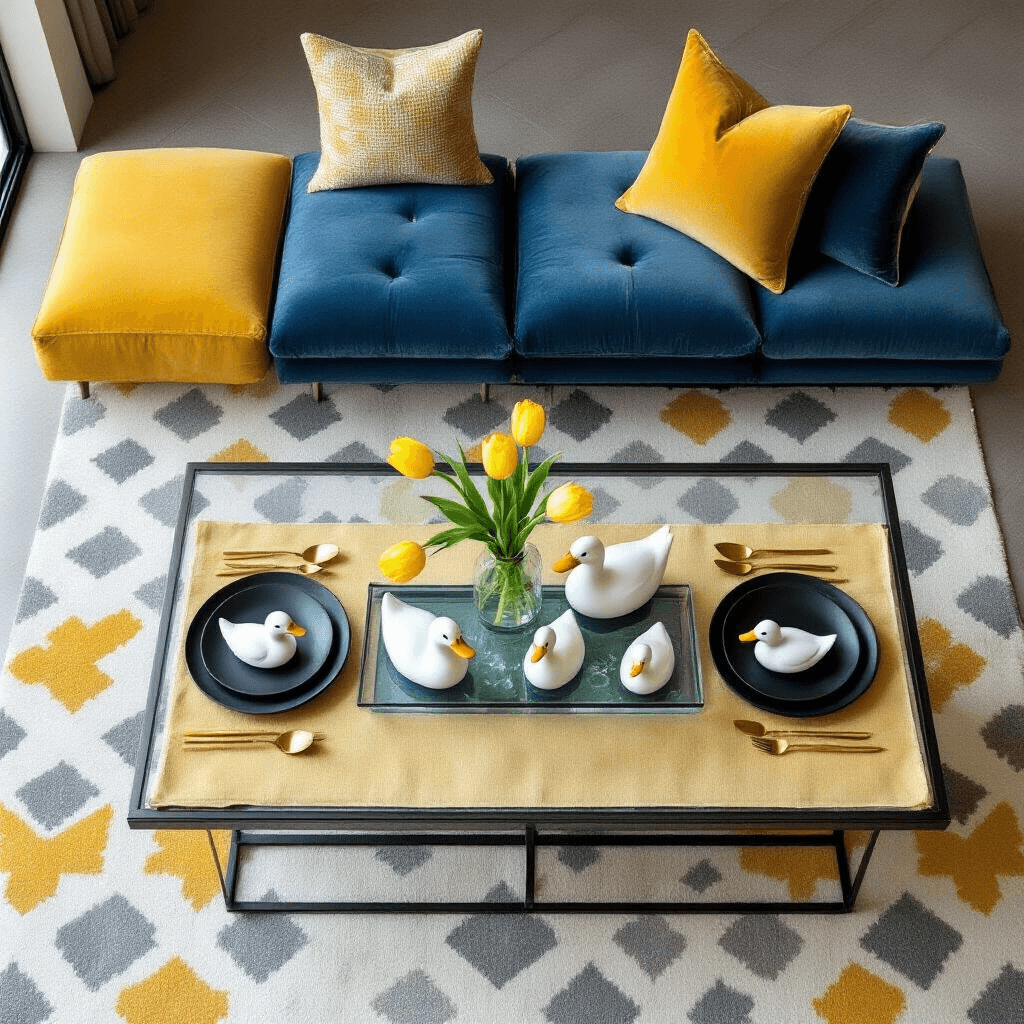 A chic duck-themed celebration setup in a modern minimalist apartment featuring a geometric yellow, white, and gray rug, a low table with a glass tile runner holding swimming ceramic ducks, blue velvet and yellow linen floor cushions, black plates, matte gold cutlery, and single yellow tulips in bud vases under soft diffused lighting.