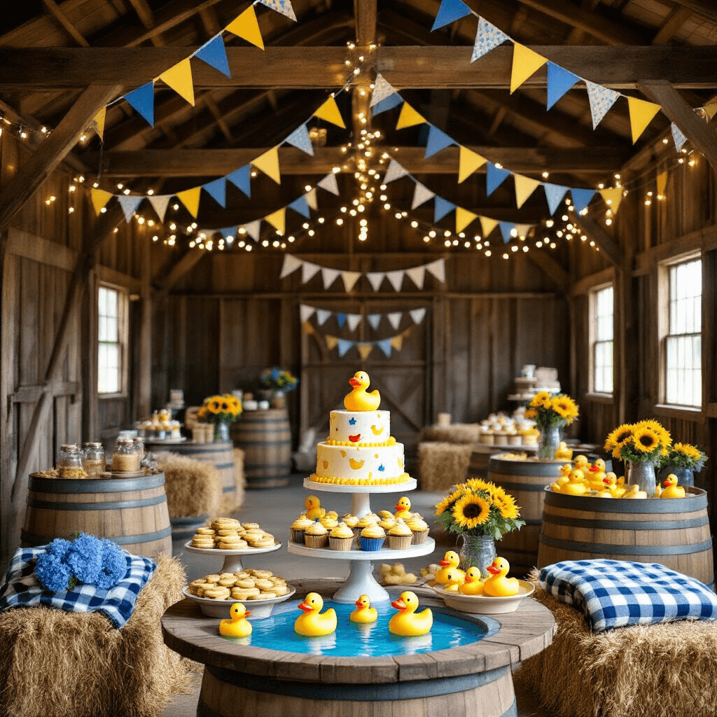 A cozy rustic barn interior adorned for a duck-themed party, featuring wooden beams with twinkling lights, yellow and blue pennant banners, a dessert cart full of duck-shaped treats, hay bales as seating, mason jar centerpieces, and a playful 'Duck Pond' game area with floating rubber ducks.