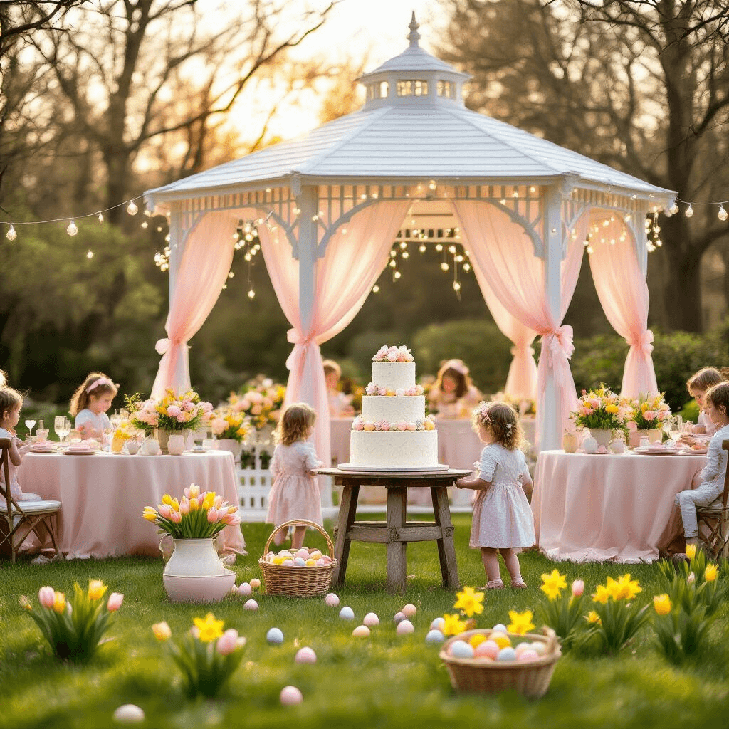 A sun-drenched garden party at golden hour features an elegant white gazebo with pastel ribbons and fairy lights, round tables with blush linens and floral centerpieces, a tiered birthday cake with hand-painted Easter eggs, and children in pastel outfits joyfully participating in an egg hunt among colorful eggs in the grass.