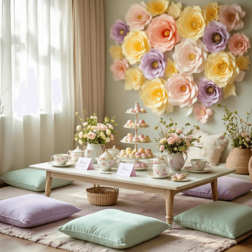An intimate living room celebration featuring a low table with plush mint green and lavender cushions. The table is adorned with floral china, pastel macarons on tiered stands, and speckled eggs in tiny nests, complemented by bunny-ear napkin folds and personalized place cards. Sheer curtains billow softly, with a DIY backdrop of oversized paper flowers in soft yellow and pink.