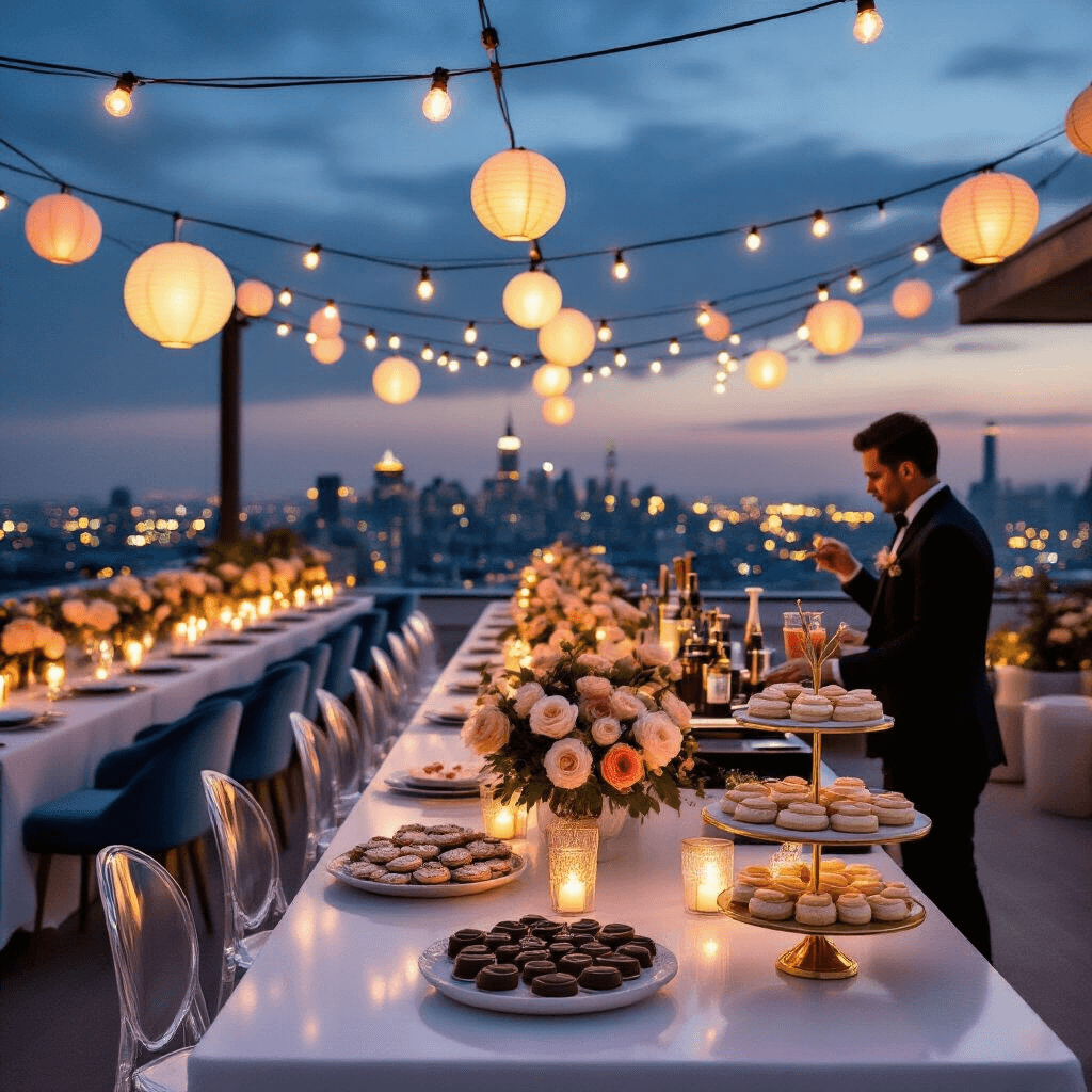Chic rooftop terrace party at twilight with city lights, featuring string lights, geometric centerpieces with ranunculus and anemones, long tables with white linens, and a dessert cart of chocolates and cookies, while a bartender mixes cocktails at a glossy white bar.