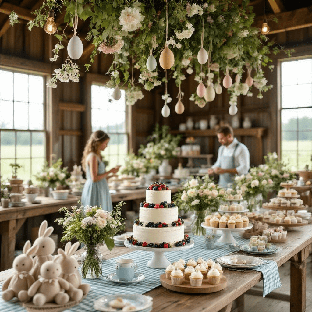 A whimsical barn celebration with rustic wooden tables dressed in gingham runners and decorated with mason jar flower arrangements. Dried flower installations and wooden egg shapes hang above, while a dessert table showcases a naked cake with berries and pastel-frosted cupcakes. Children play with sock bunnies at a craft station, and adults enjoy a mimosa bar in the background, all illuminated by natural midday light.
