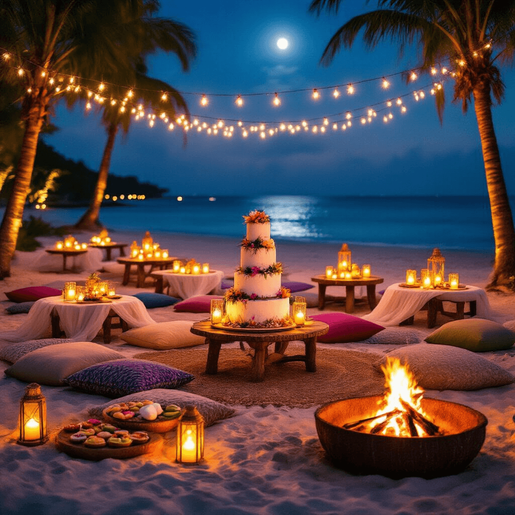 A magical nighttime beach party featuring candlelit tables with colorful floor pillows, driftwood centerpieces, a boho-chic dessert display, and guests roasting marshmallows by a fire pit, all illuminated by fairy lights strung between palm trees.
