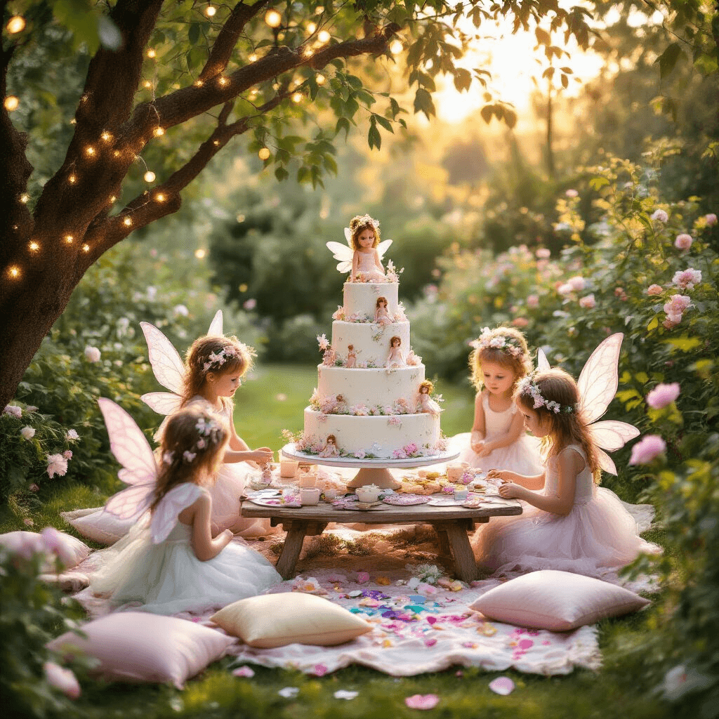 A whimsical fairy-themed birthday party in a lush garden at golden hour, featuring soft pastel decorations, twinkling fairy lights, a beautifully styled dessert table with a tiered cake, children in gossamer wings playing on picnic blankets, and craft stations set up on rustic wooden tables, all bathed in warm, dreamy light.