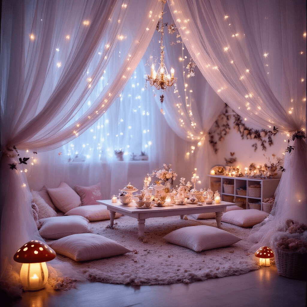 A cozy, enchanted living room transformed into a fairy wonderland, featuring soft candlelight, twinkling fairy lights, pastel tulle drapes, a low table set for a magical tea party with floral china, plush floor cushions, mushroom-shaped lanterns, flower garlands, and a craft corner with bins of sparkling craft supplies.
