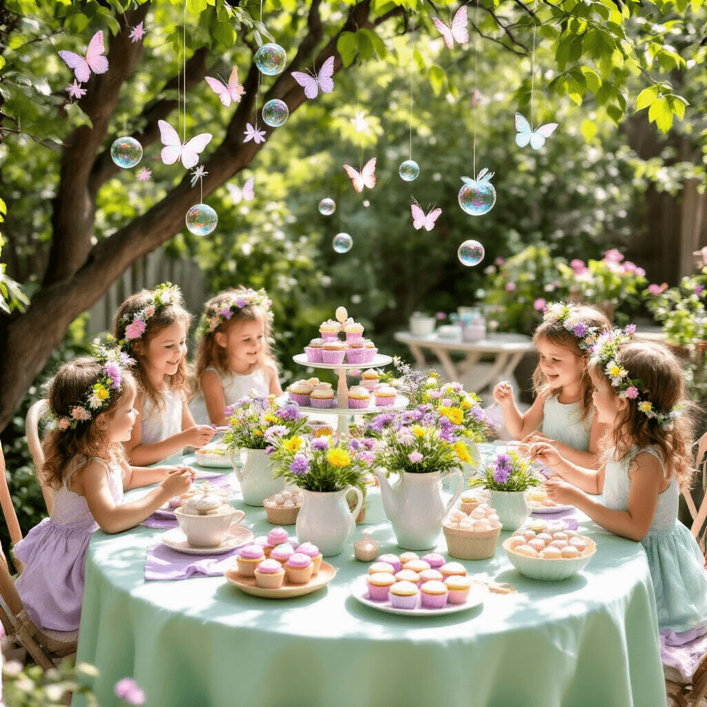 A vibrant fairy-themed birthday celebration in a sunlit backyard featuring round tables with mint green and lavender linens, wildflower centerpieces in vintage teapots, a dessert cart with pastel-frosted cupcakes, and children in flower crowns painting birdhouses, surrounded by butterfly mobiles and shimmering bubbles.