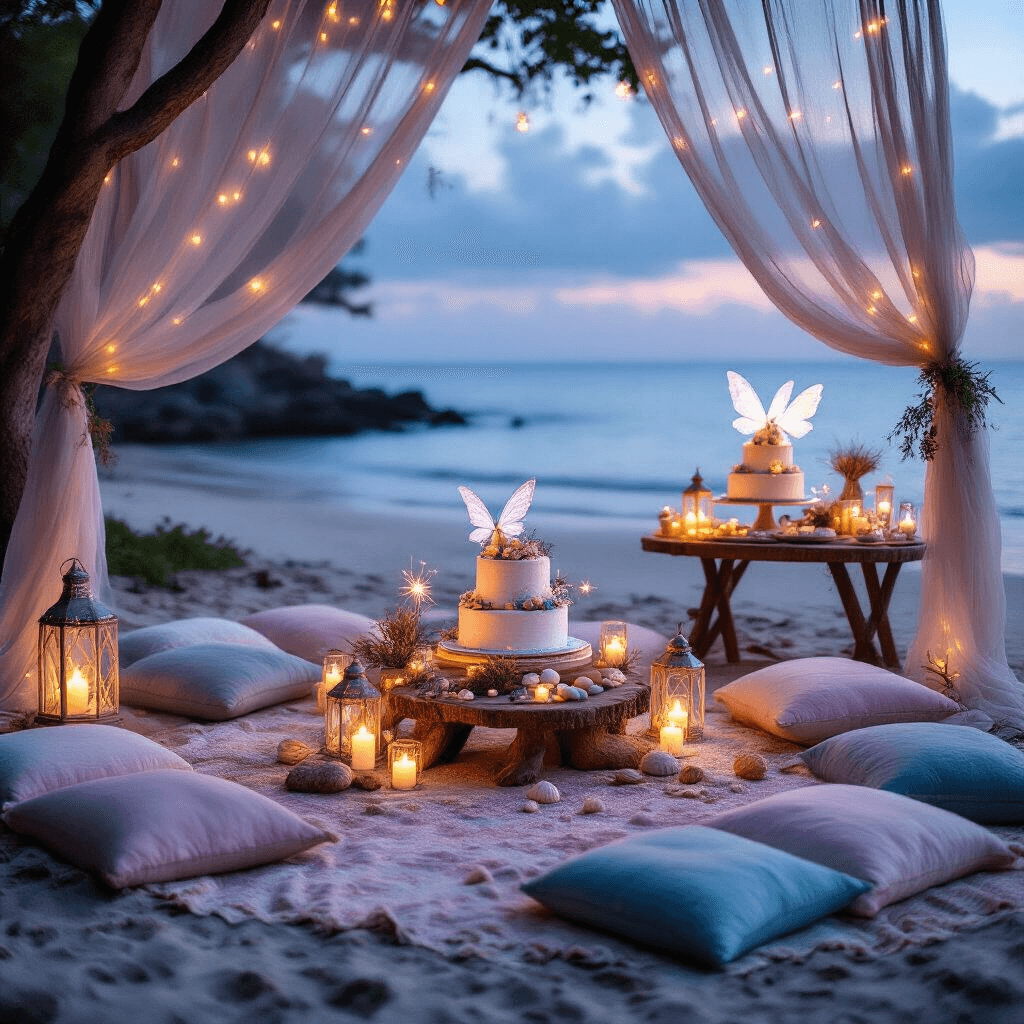 A dreamy twilight fairy picnic on a secluded beach, featuring low tables with sheer fabrics, plush coastal-colored floor pillows, twinkling lanterns, and driftwood centerpieces with air plants and seashells. Children in iridescent wings dance with sparklers, while a dessert table displays a naked cake adorned with edible flowers and ocean-colored macarons, all bathed in a magical pink and purple sunset glow.