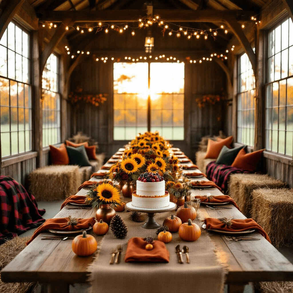 A cozy rustic barn decorated for a fall birthday, featuring golden sunlight, wooden tables with burnt orange linens, mini pumpkins and sunflowers as centerpieces, fairy lights overhead, a tiered naked cake, and casual seating with hay bales and plaid blankets.