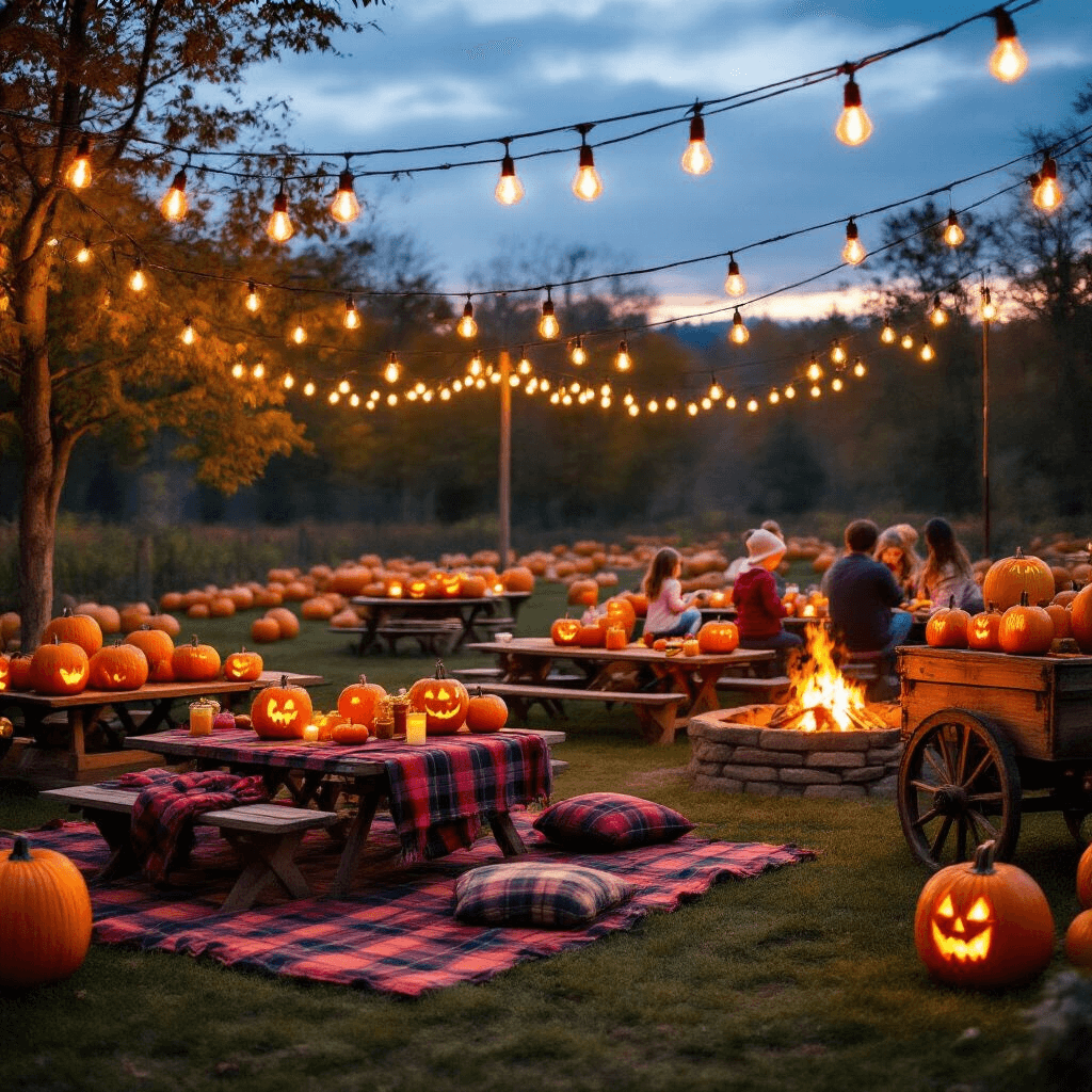 An enchanting outdoor pumpkin patch birthday party at dusk, featuring crisscrossed Edison bulbs, picnic-style seating with plaid blankets, carved pumpkin lanterns lining pathways, a rustic hot apple cider cart, children painting pumpkins, and adults roasting marshmallows around a fire pit.