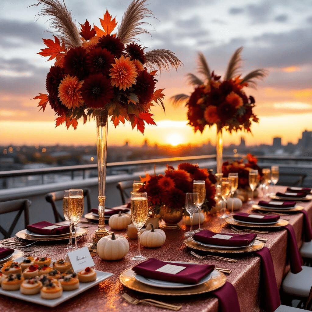 An elegant fall-themed birthday dinner party on a rooftop terrace at sunset, featuring a long table with a copper tablecloth, gold-rimmed chargers, burgundy napkins, tall glass centerpieces with deep red dahlias, orange maple leaves, and pampas grass, personalized place cards on mini white pumpkins, a champagne tower, and seasonal hors d'oeuvres, set against a colorful autumn sky and twinkling city lights.