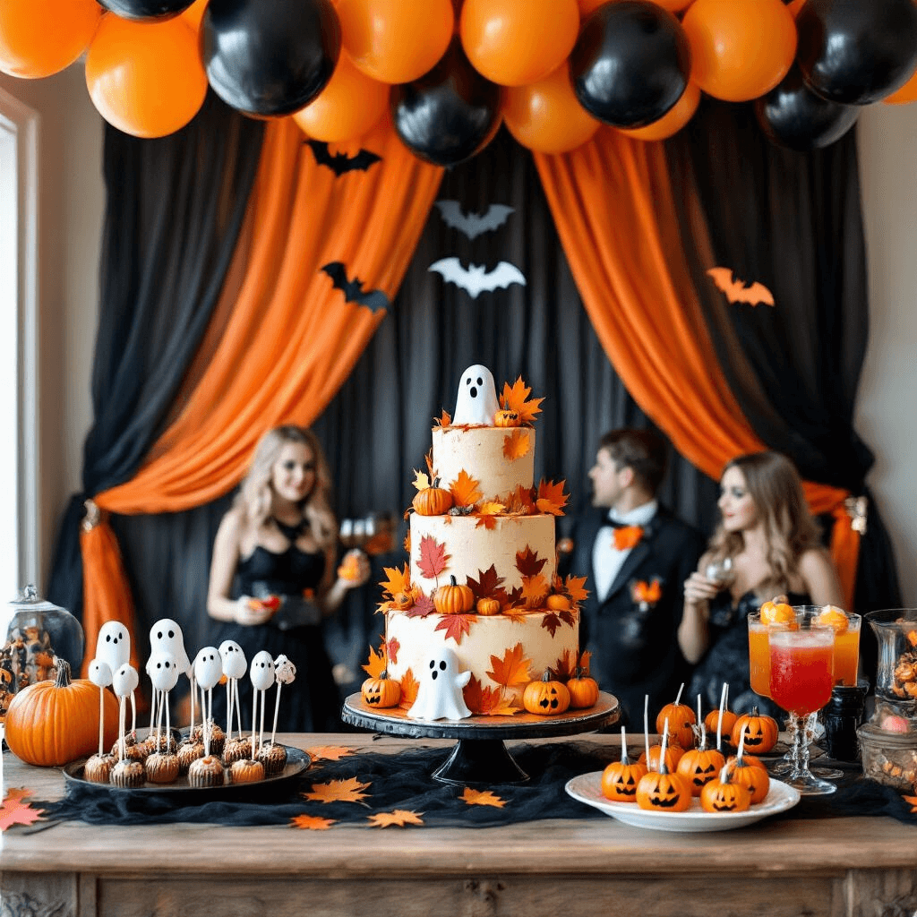 A stylishly decorated living room for a whimsical Halloween birthday bash, featuring sheer black and orange drapery, a dessert table with a towering cake adorned with edible fall leaves, and cake pops shaped like pumpkins and ghosts. Clusters of black and metallic orange balloons float above, and costumed guests mingle near a potion station bar with colorful cocktails and eerie dry ice fog.