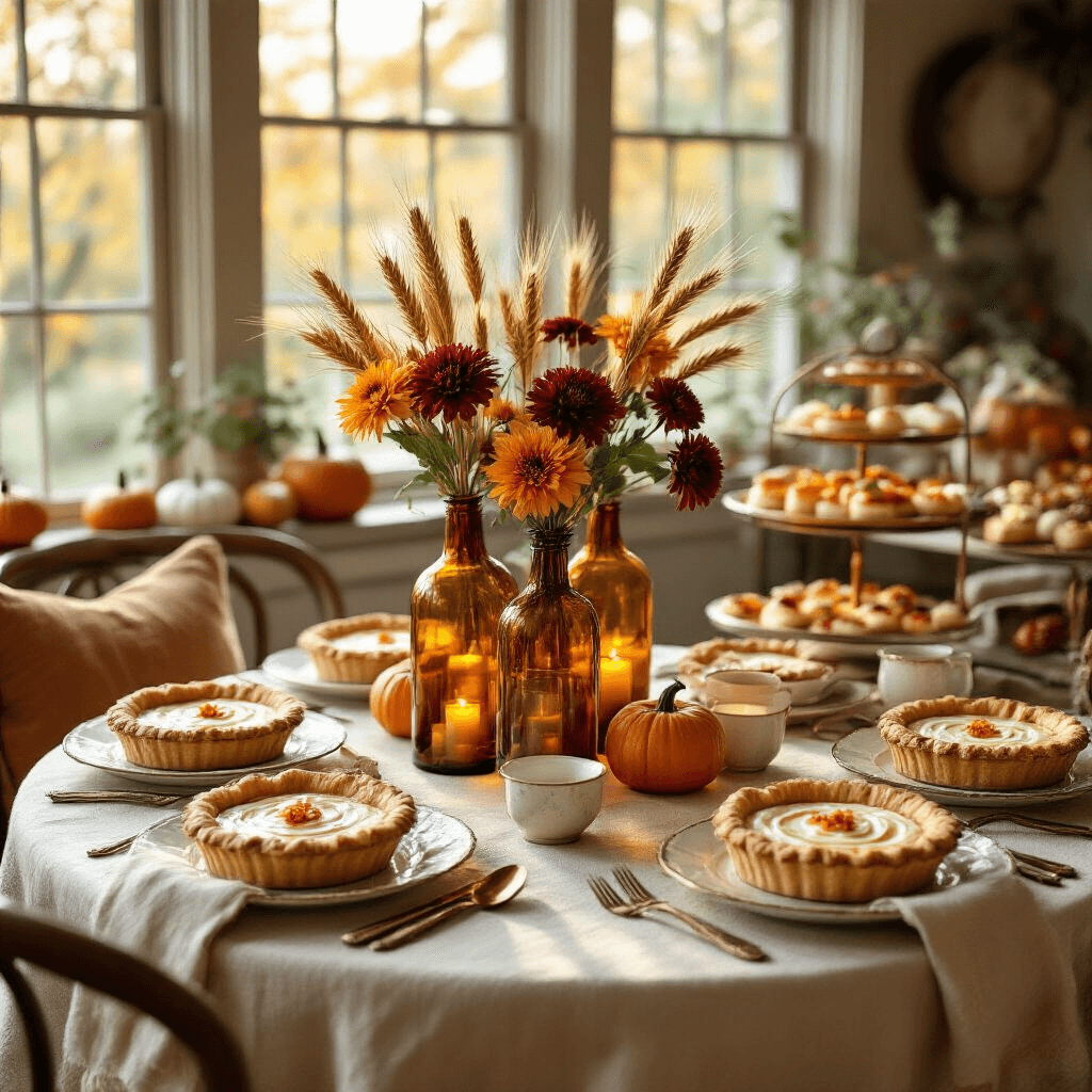 A cozy Thanksgiving-inspired birthday brunch with a round table set in soft morning light, featuring textured cream linens, vintage china, a centerpiece of amber glass bottles with wheat and flowers, individual pumpkin pies as place settings, and a buffet of fall brunch delicacies on copper stands.