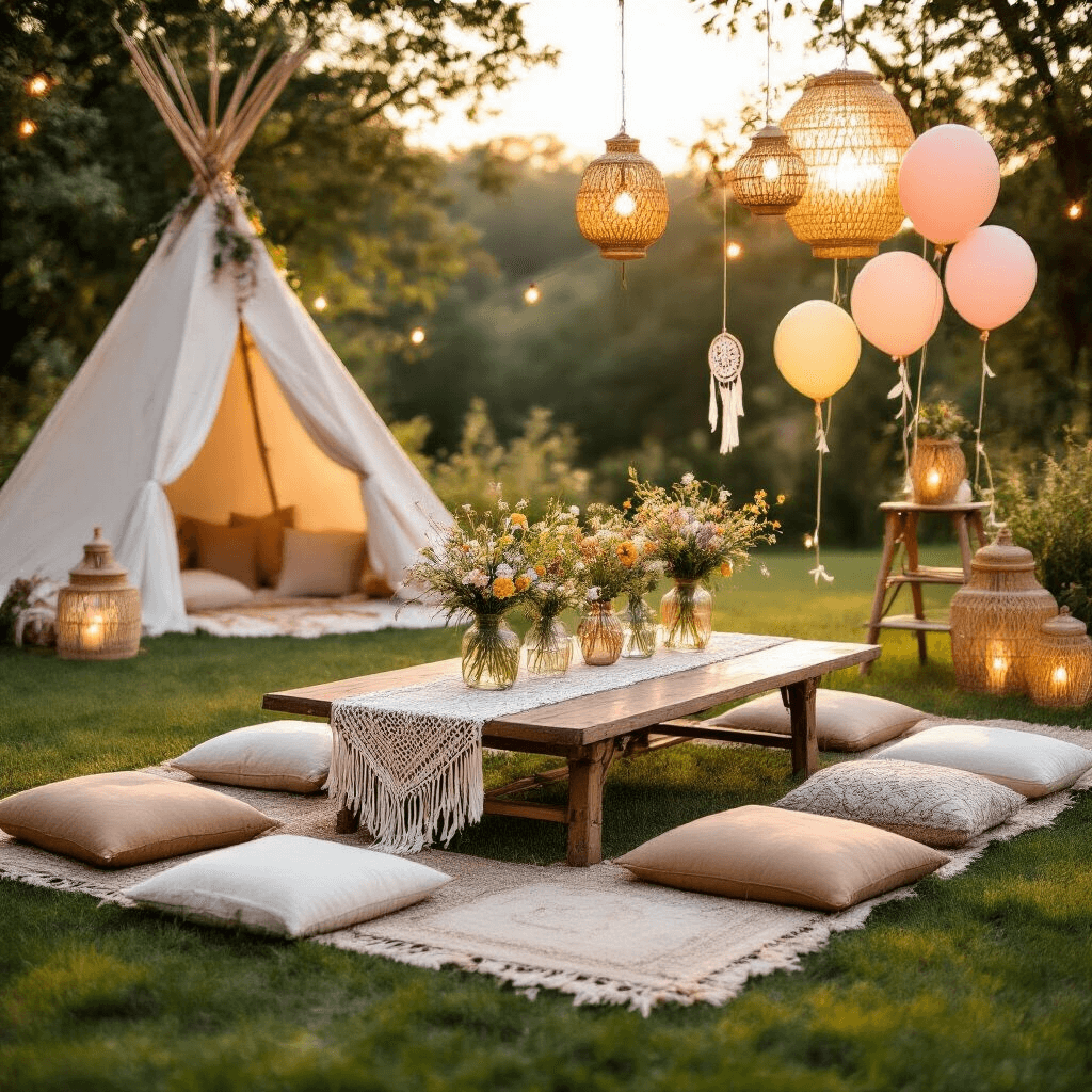 An enchanting outdoor Boho Farm party setup at golden hour featuring a low table with macramé runner, wildflower bud vases, plush floor cushions on lush grass, rattan lanterns, fairy lights, a cozy teepee with flowing fabrics and dream catchers, and pastel balloons tied to vintage ladders.