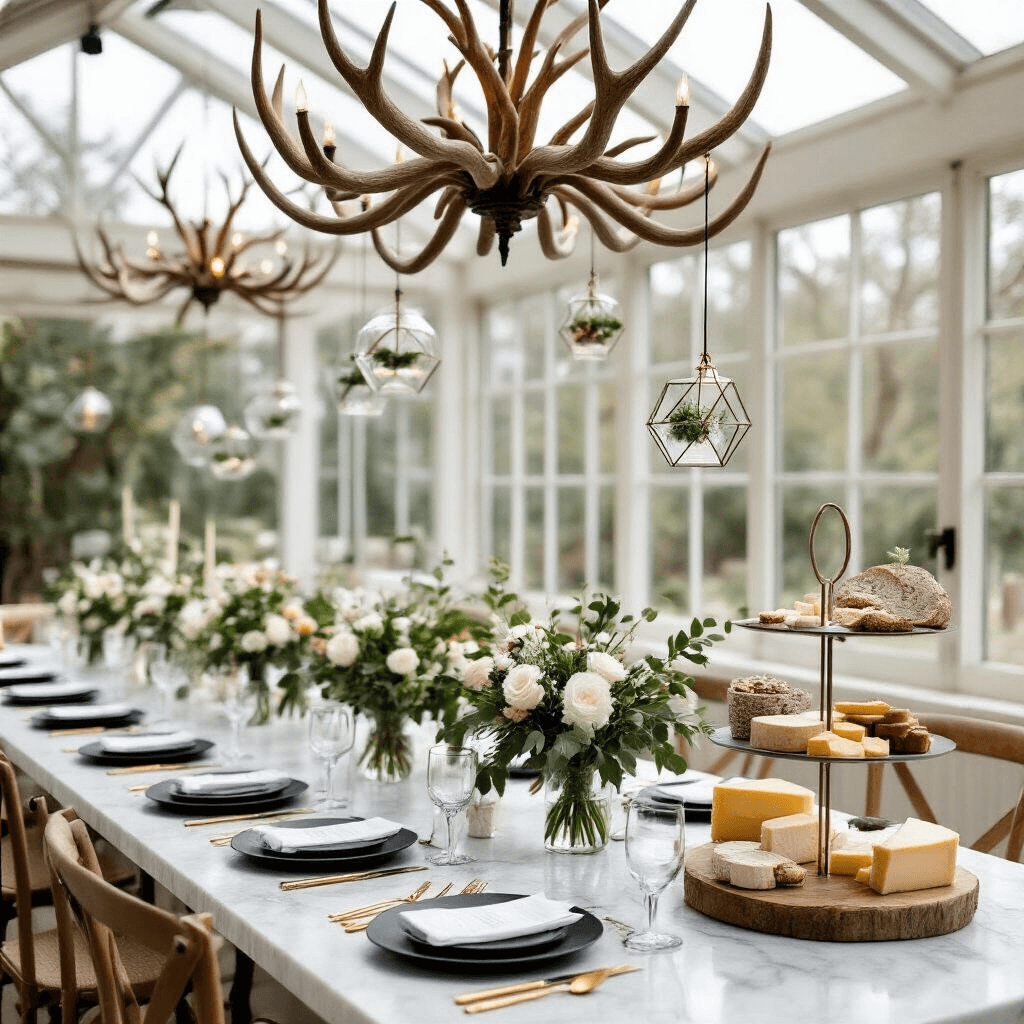 An elegant rustic modern celebration in a light-filled conservatory, featuring long marble tables with black plates and gold cutlery, minimalist floral arrangements, an antler chandelier, and a dessert cart with artisanal cheeses.