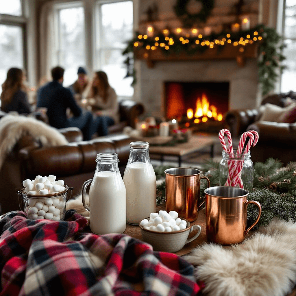 A cozy winter farm party interior featuring a hot chocolate bar with vintage milk bottles and copper mugs, surrounded by plaid blankets on leather armchairs and a faux fur rug, while guests enjoy the warm ambiance near a roaring fireplace adorned with pine garlands and twinkling lights.