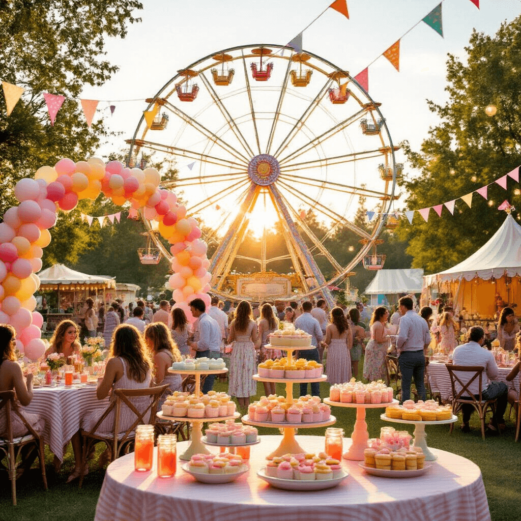 A whimsical outdoor carnival-themed birthday party featuring a vintage ferris wheel, a dessert table with pastel treats, bistro tables with striped linens, fairy lights, a balloon arch, and a welcoming sign.