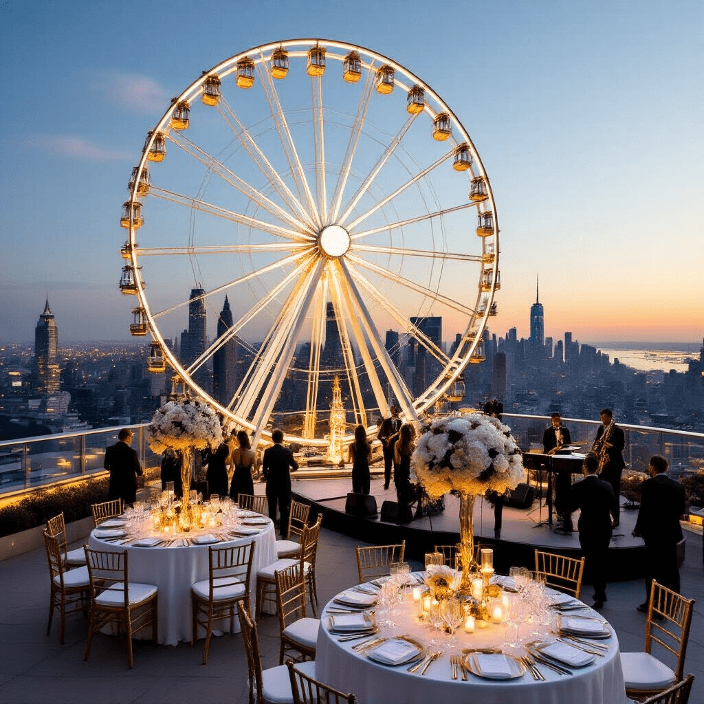 A stylish rooftop terrace at twilight features a white and gold ferris wheel sculpture, elegant round tables with floral centerpieces and metallic details, a champagne tower, and guests in cocktail attire mingling as a live jazz band plays, with a city skyline and observation wheel in the background.
