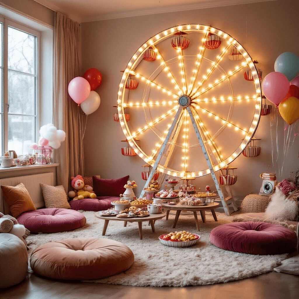 A cozy living room transformed into an indoor carnival for a winter birthday, featuring a cardboard ferris wheel backdrop with twinkle lights, plush velvet floor cushions, tables with carnival snacks and hot cocoa, colorful balloon animals and oversized lollipops, a vintage ticket booth photo area, and a cotton candy station emitting a soft pink glow.