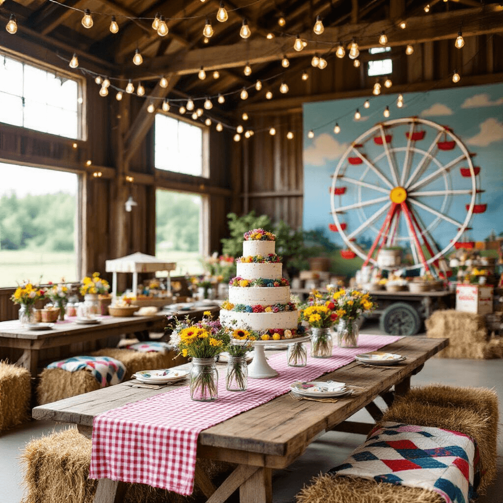 A rustic barn interior decorated for a summer birthday fair, featuring wooden farm tables with gingham runners, wildflower centerpieces, a hand-painted ferris wheel mural, a tiered cake resembling carnival treats, Edison bulb lighting, vintage carnival games, a popcorn cart, and hay bales with colorful quilts for seating.