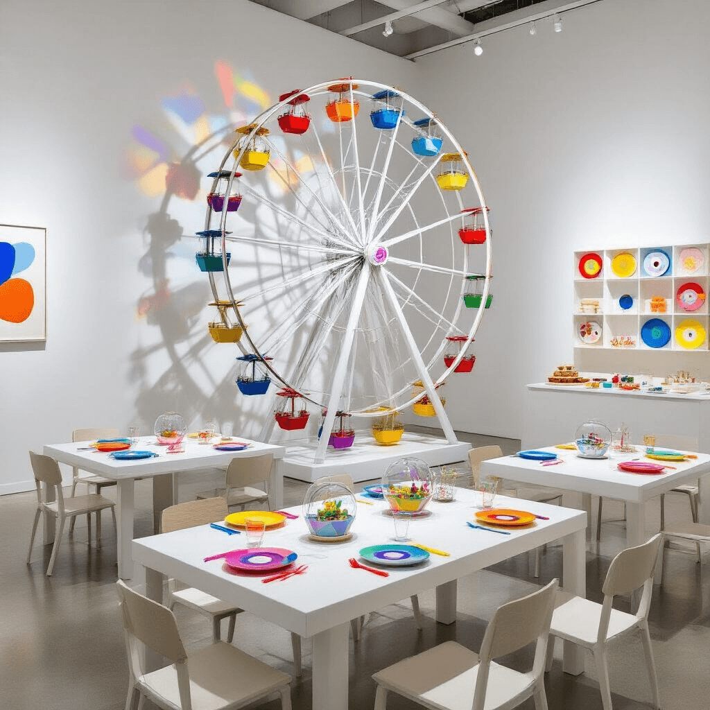 An upscale children's birthday party in a modern art gallery featuring a minimalist ferris wheel sculpture in the center, colorful shadows on white walls, low tables with geometric plates and bright cutlery, miniature ferris wheel terrariums as centerpieces, an interactive spin art station, and a dessert wall with color-coordinated treats in lucite boxes.