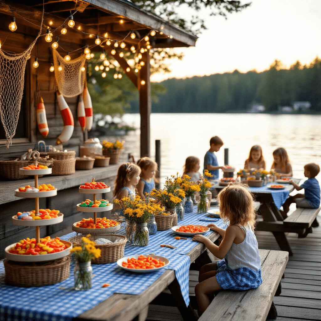 A rustic lakeside birthday party at golden hour, featuring a decorated wooden dock with fairy lights, fishing nets, and buoys. Round picnic tables with blue gingham tablecloths, mason jar wildflower centerpieces, and tackle box place settings. Children around a 'Bait & Tackle' snack bar with Swedish Fish and Goldfish crackers, illuminated by warm lighting reflecting off the water.