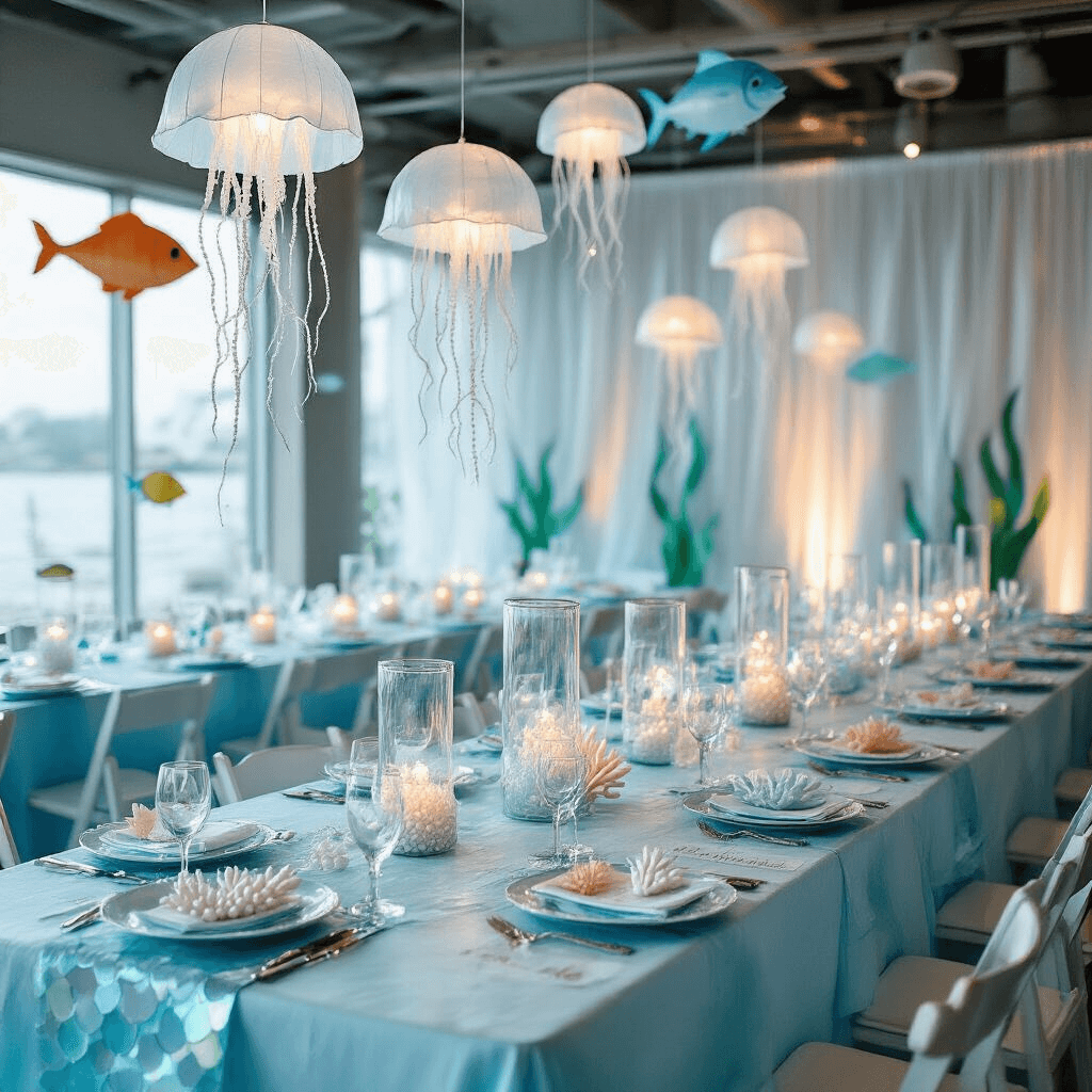 An aerial view of an underwater adventure themed party in a modern space, featuring long tables with ombre blue linens and centerpieces of glass cylinders with floating jellyfish lanterns. Place settings include iridescent mermaid-scale chargers and coral napkin holders, with 'treasure map' menus. Sheer curtains create a wave backdrop, decorated with oversized paper fish and seaweed cutouts, all illuminated by soft, diffused lighting.