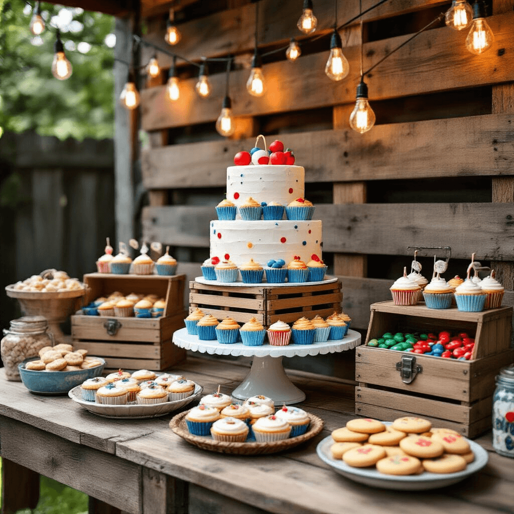 Intimate backyard birthday celebration featuring a dessert table against a DIY pallet wall, showcasing a tiered cake resembling fishing crates, bobber-wrapped cupcakes, fish-shaped cookies, and tackle boxes filled with nautical candies, all illuminated by warm edison bulbs amidst a red and blue color scheme.