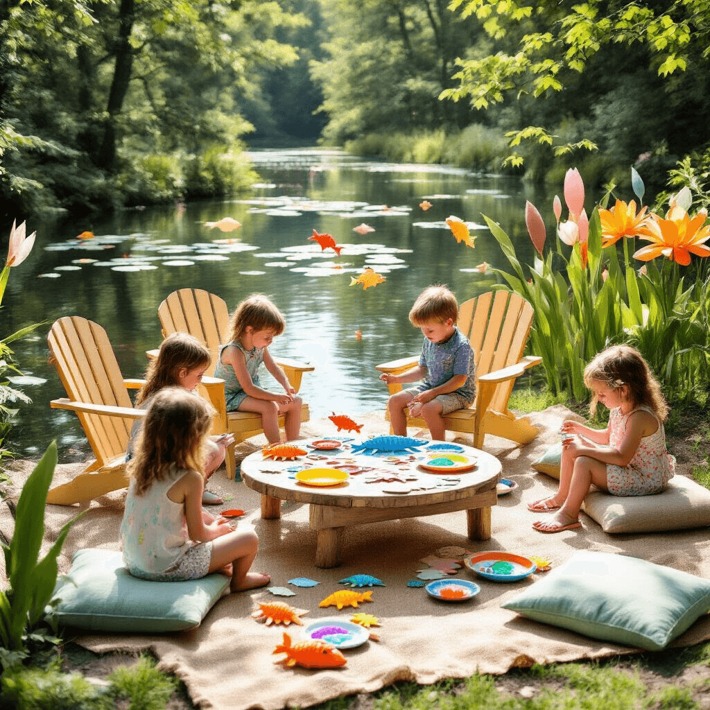 A whimsical garden party by a freshwater lake, featuring children playing a magnetic fishing game by a custom-built pier with miniature Adirondack chairs. In the foreground, a low table surrounded by floor cushions displays a fish-themed craft station adorned with colorful scales and googly eyes. Oversized paper water lilies and cattails decorate the playful backdrop, while dappled sunlight filters through the trees, illuminating burlap table runners and iridescent fish-scale decorations.