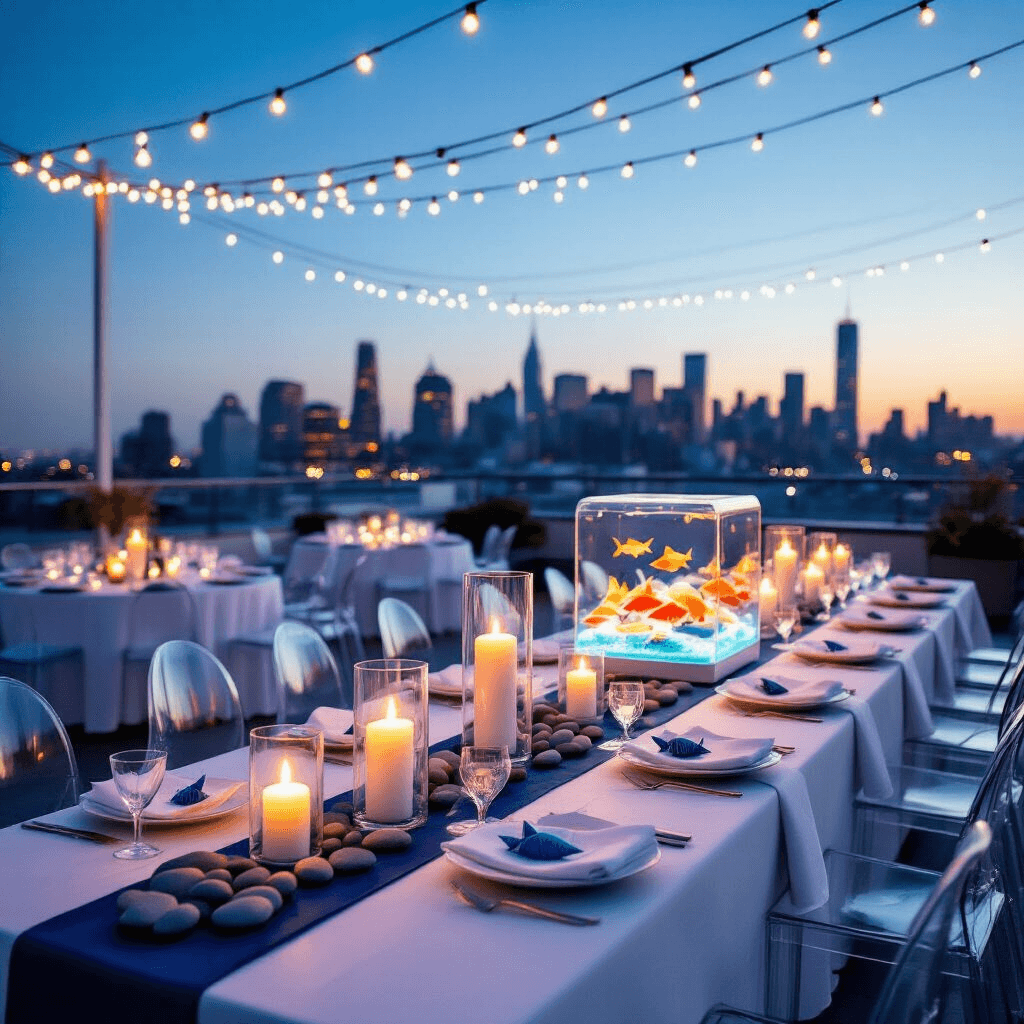 A luxe minimalist fish-themed celebration on a sleek rooftop terrace at twilight, featuring long tables with white linens, deep blue and silver accents, floating candle centerpieces, ghost chairs, warm string lights, and an illuminated dessert display of ocean-inspired sweets against a twinkling city skyline.