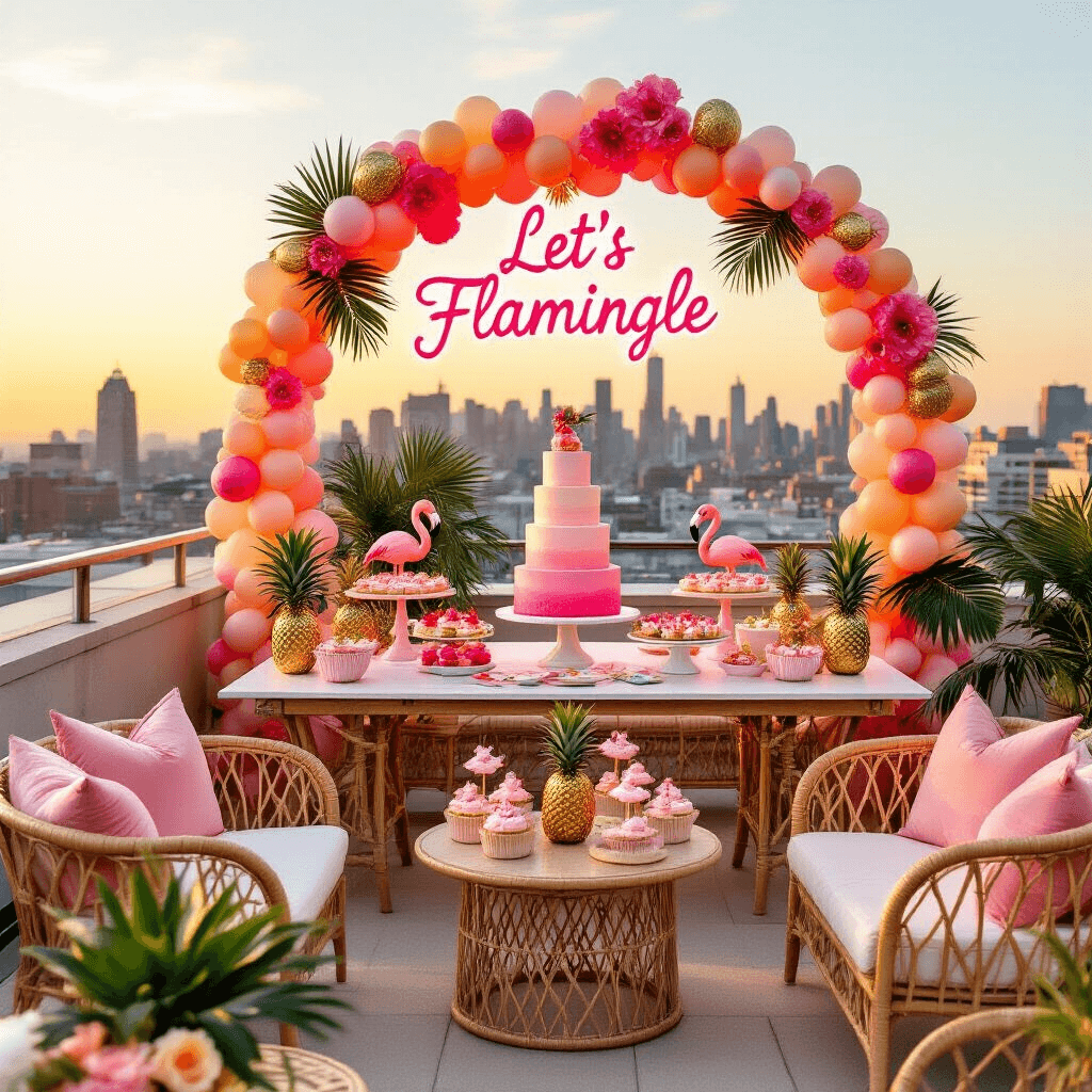 A sunlit rooftop terrace features a tropical flamingo-themed dessert table with a pink ombré cake, flamingo cupcakes, and pineapple treats, surrounded by rattan furniture, palm leaf centerpieces, and a balloon arch, with a neon 'Let's Flamingle' sign illuminating a DIY photo booth.