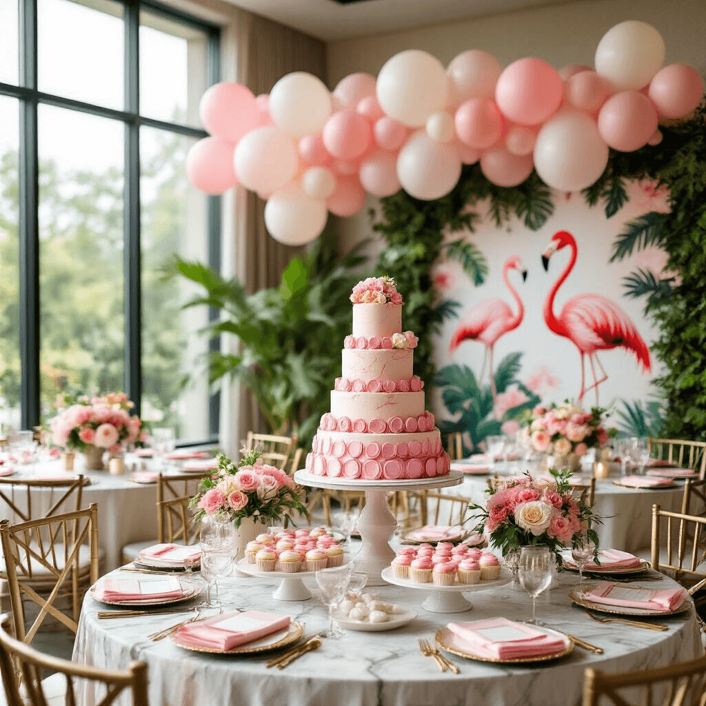 An elegant indoor ballroom filled with soft daylight, featuring a grand dessert station with pink macarons, cupcakes, and a flamingo cake, surrounded by floating balloons and tropical floral centerpieces on round tables, with a hand-painted flamingo mural backdrop and gold 'Happy Birthday' lettering.