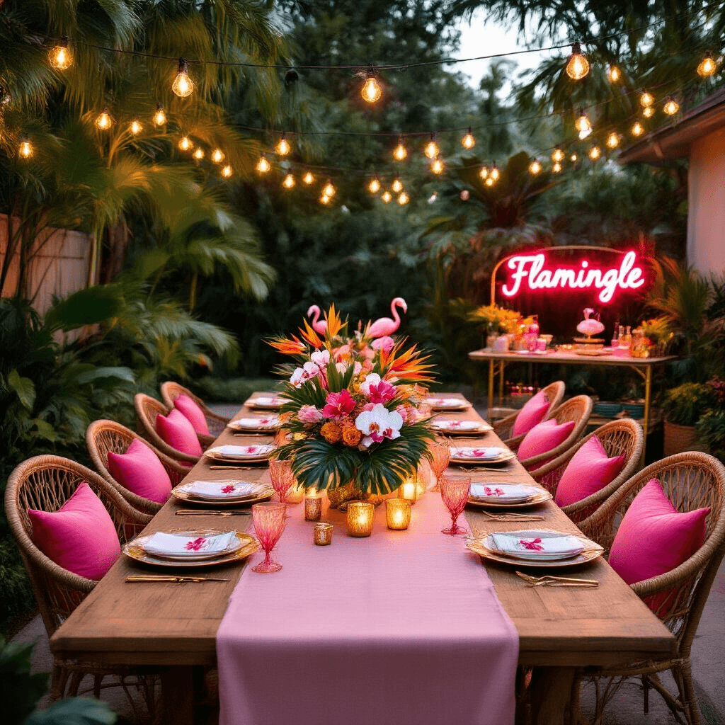A whimsical backyard celebration at dusk, featuring a long farmhouse table adorned with a blush pink linen runner and lush tropical centerpieces. The setting includes gold and white place settings with flamingo-shaped place cards, rattan peacock chairs with fuchsia cushions, and a vibrant vintage bar cart with pink glassware and a neon 'Flamingle' sign, all illuminated by warm fairy lights and lanterns.