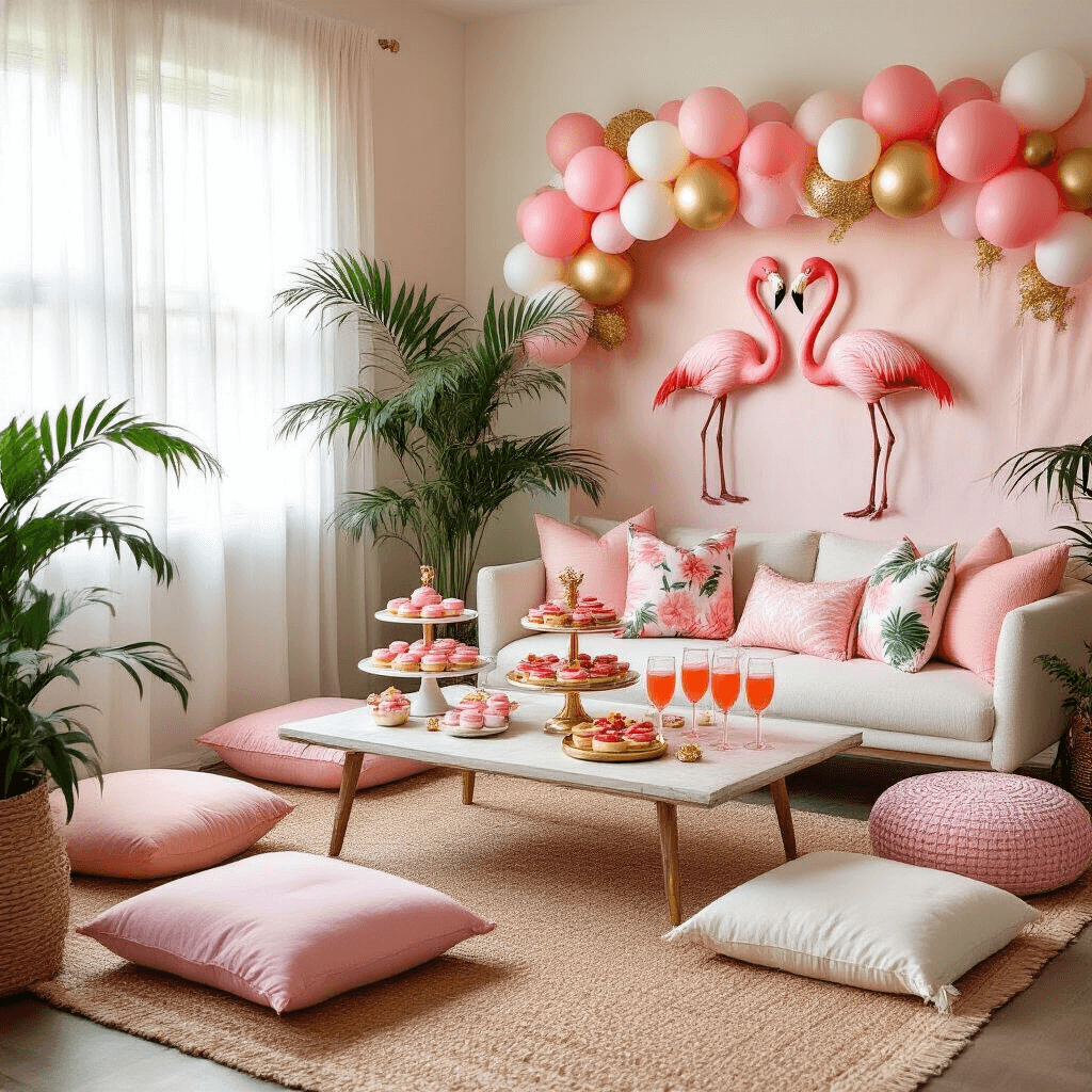 A cozy living room styled as a flamingo haven, featuring a low brunch table with pink donuts and tropical fruit tarts, pink mimosas in gold rimmed glasses, surrounded by plush cushions and tropical leaf pillows, and decorated with a wall of paper flamingos and a balloon garland.