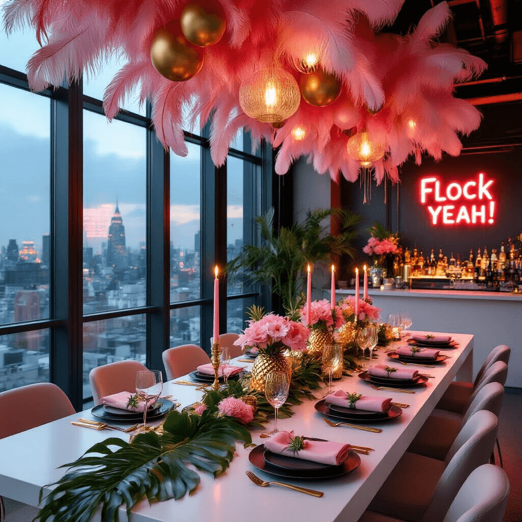A modern loft dining space illuminated by evening light, featuring a sleek white table set with matte black plates, gold cutlery, blush napkins, and adorned with greenery and pale pink orchids. Above, a canopy of pink feathers and metallic balloons adds a festive touch, while a stylish bar area highlights a neon 'Flock Yeah!' sign and champagne coupes filled with pink bubbly.
