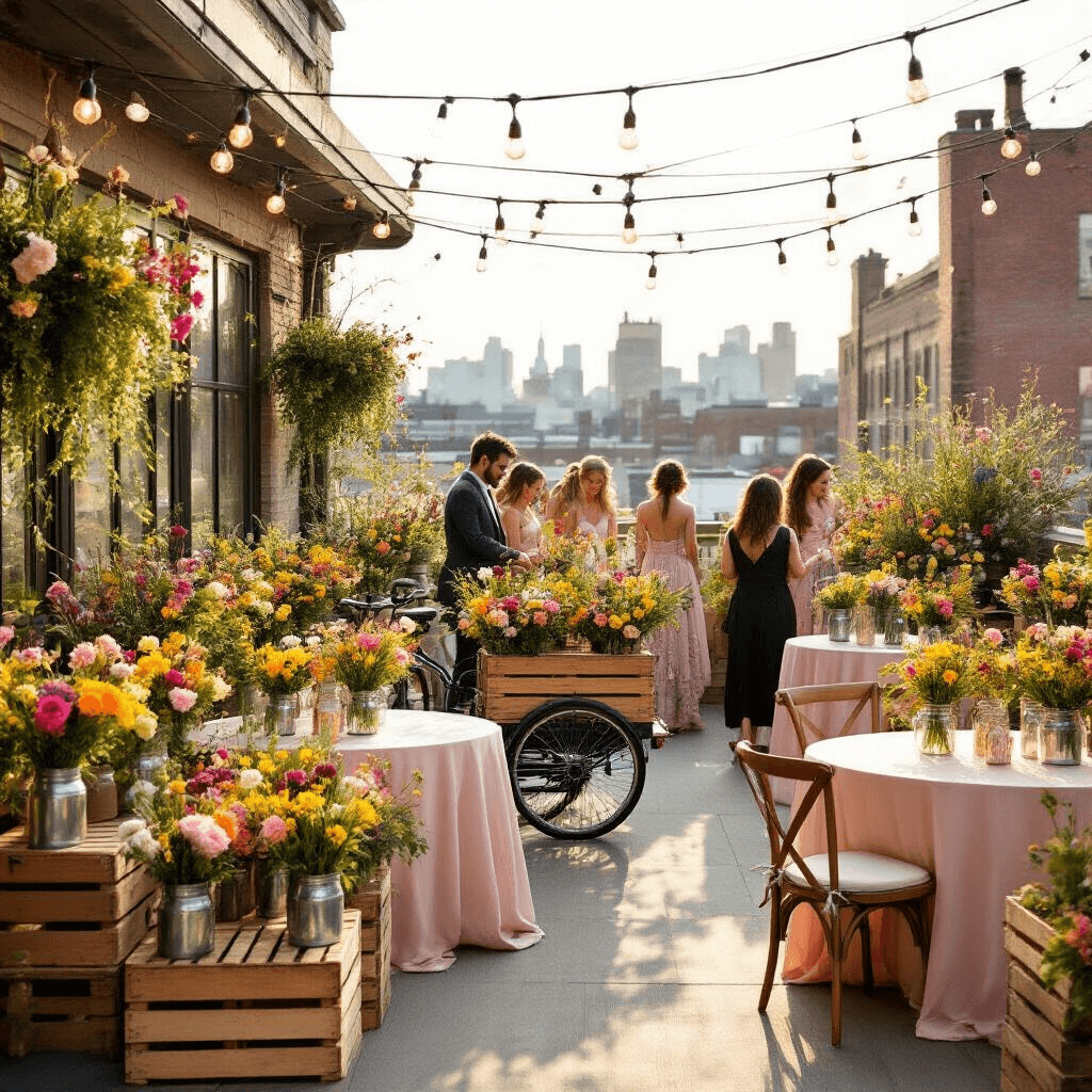 Aerial view of a vibrant rooftop flower market with colorful blooms in wooden crates, a vintage bicycle cart as a central stall, and string lights overhead, all illuminated by golden hour light. Guests enjoy a DIY bouquet bar with enamel buckets and round tables dressed in blush linen.
